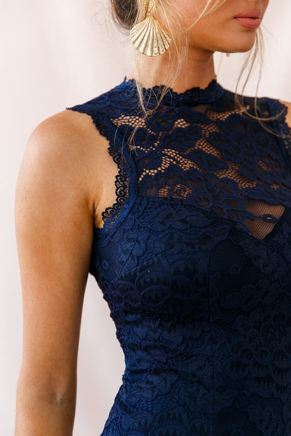 Canyon Floral Overlay Keyhole Back Dress Navy