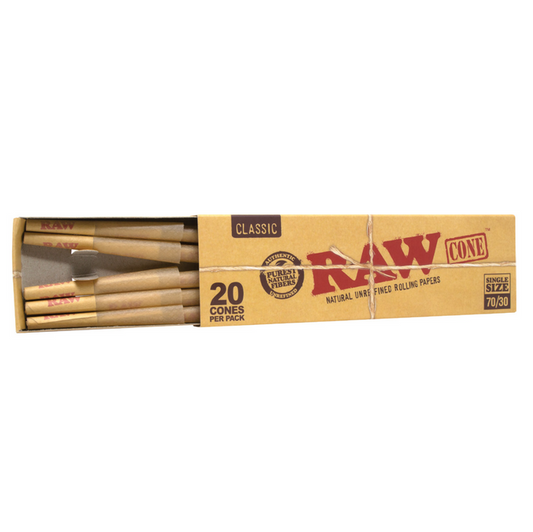 RAW Classic 70/30 Pre-Rolled Cones - 20 Pack | Natural Unbleached Rolling Cones for an Even Burn
