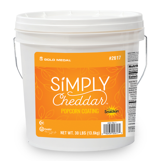 White tub of 30lbs of simply cheddar popcorn coating with orange label.
