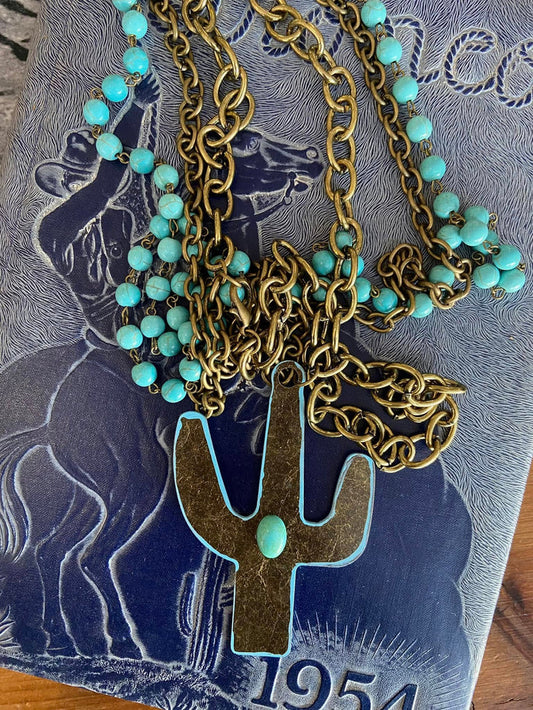 Turquoise Faux Metal Cactus Western Necklace - Deer Creek Mercantile