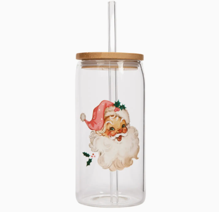 Vintage Santa 17 oz Can Glass w/ Straw & Lid